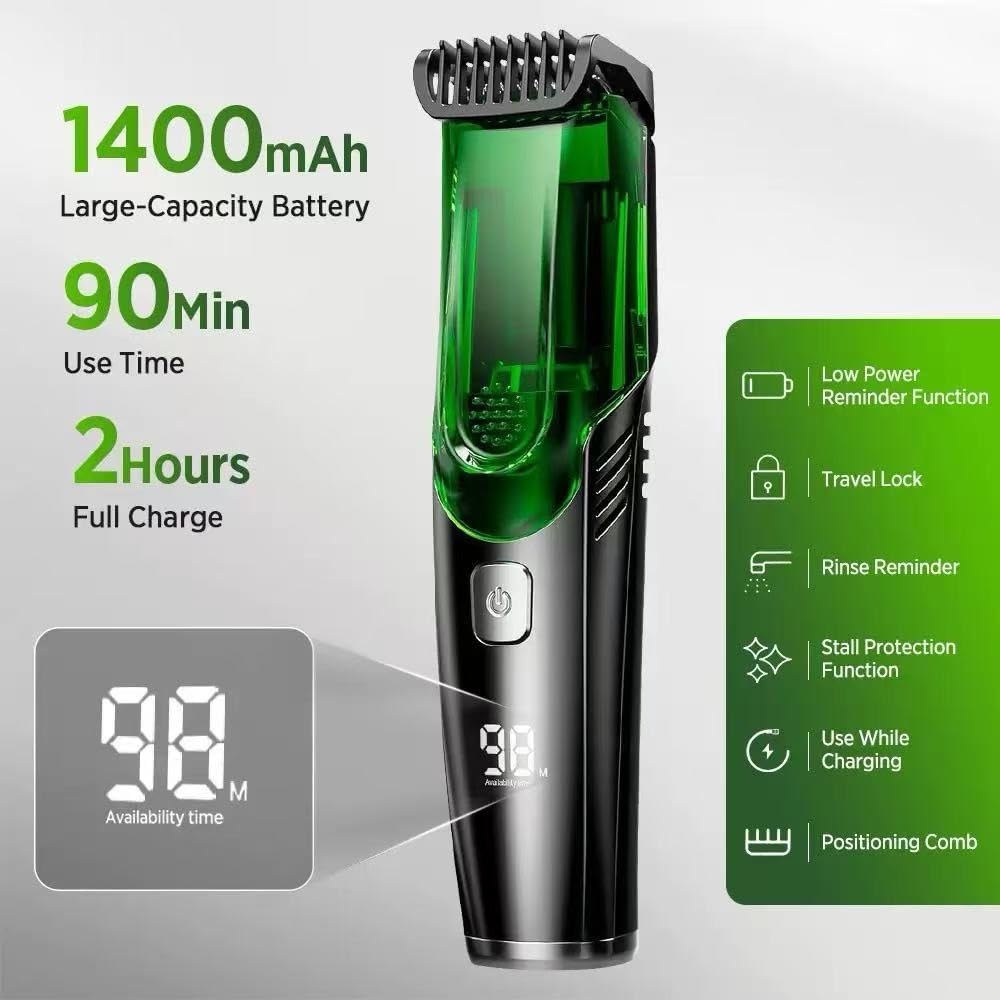Men's Vacuum-Powered Beard Trimmer 20 Adjustable Length Settings IPX6 Waterproof Rating USB-C Rechargeable Beard Grooming kit Features Dual Guide Combs 90-Minute runtime Suitable for Wet or Dry use