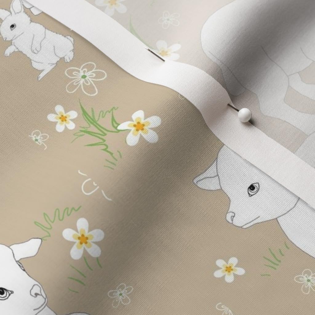 Spoonflower Fabric - Spring Brown Rabbit Bunny Easter Lamb Sheep Printed on Cotton Poplin Fabric by The Yard - Sewing Shirting Quilting Dresses Apparel Crafts