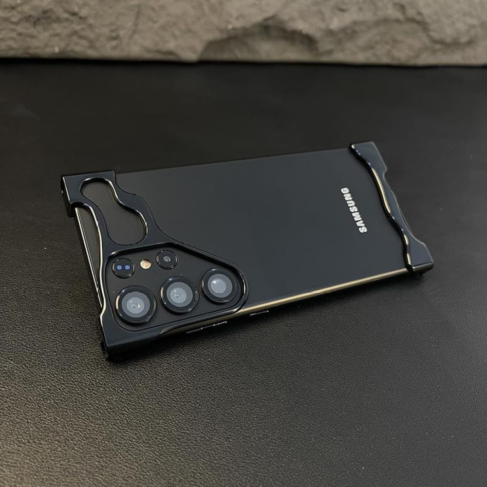 Custodia per telefono in lega di alluminio irregolare di lusso senza cornice per Samsung S23 S24 Ultra Plus Pellicola protettiva per lenti Cover antiurto in metallo, Nero, Per Samsung S23Ultra