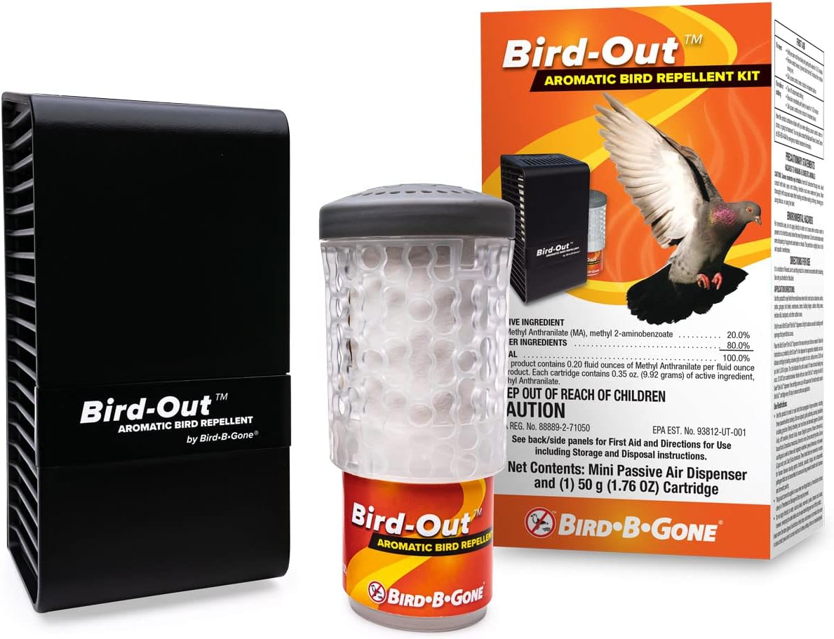 Bird-Out Aromatic Bird Repellent Kit - Dispenser & Cartridge - Humane Bird Deterrent Covers 8,000 cu ft (20'x20'x20') - for Patios, Decks, Yards - Easy, Scalable, & Discreet Solution