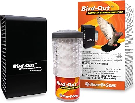 Bird B Gone - Bird-Out Aromatic Bird Repellent Kit - Dispenser & Cartridge - Humane Bird Deterrent Covers 8,000 cu ft 20x20x20 - for Patios, Decks, Yards - Easy, Scalable, Discreet Solution