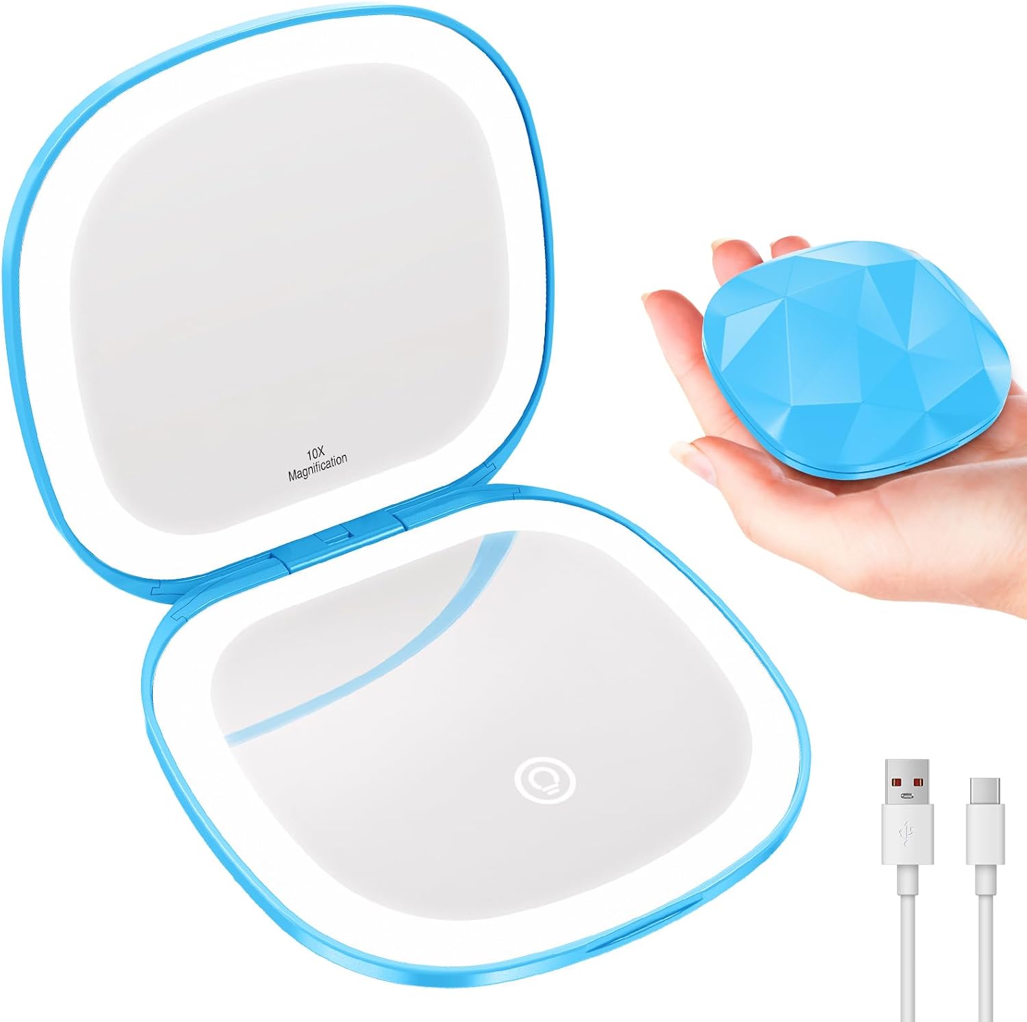 Travel Makeup Mirror with Light, 10X/1X Magnifying Compact Mirror for Purse, Portable Double Sided Folding Pocket Size, Dimmable LED & USB Rechargeable(Blue)