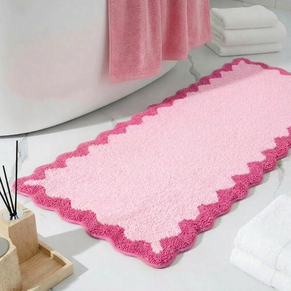 Coastal Decor Cute Blue Scalloped Bathroom Mat, Fun Plush Luxury Microfiber Bath Rug Aesthetic Washable Bath Mat Non-Slip for Bathroom, Tub, Floor Carpet, Sink, Shower, Extra Soft, Absorbent, 24x16