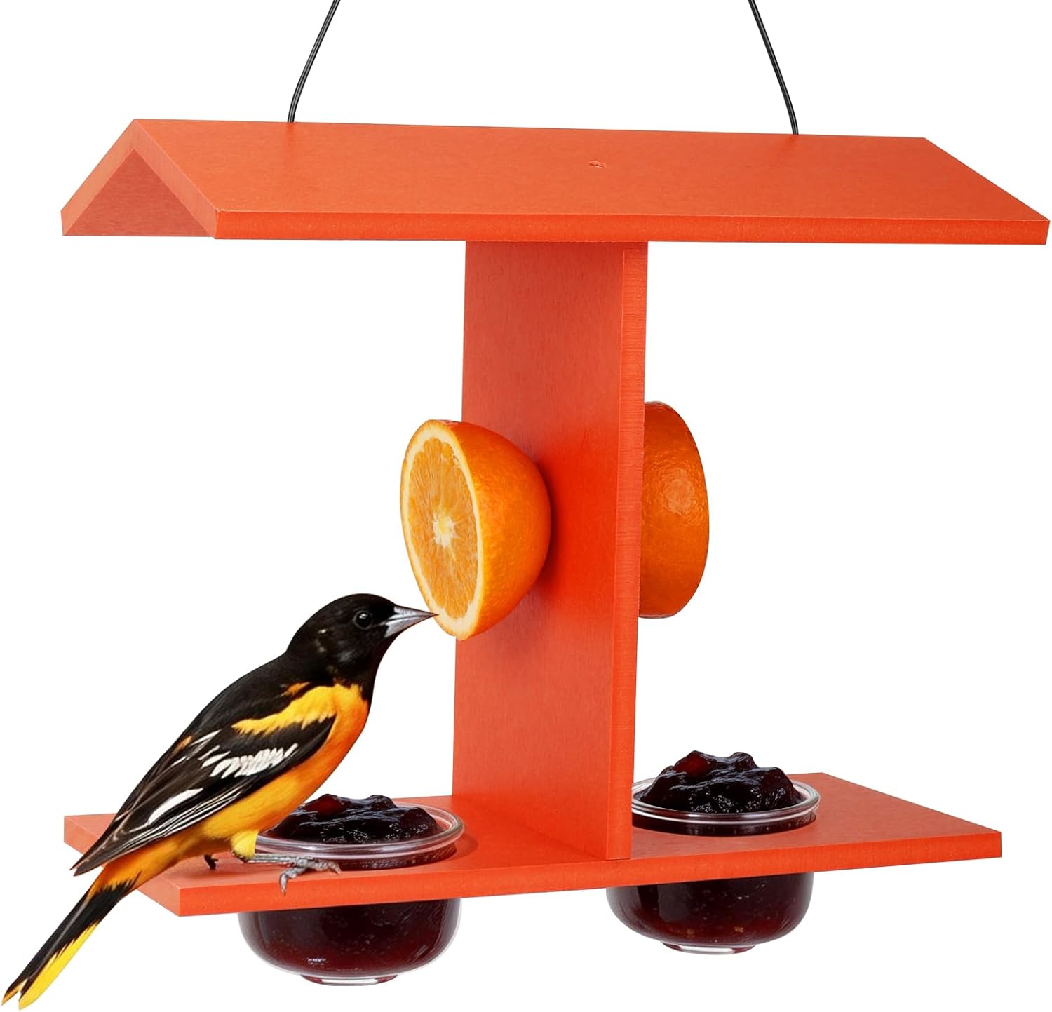 Beslands Oriole Feeders for Outdoor Hanging, 2 Jelly Cups Bird Feeder, Large Capacity with Orange Pegs All in One, Recycled HDPE, Supports Fruit Nectar Seed for Orioles, Baltimore Oriole