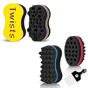 3Pcs Hair Styling Set and 2Pcs Yellow Curl Sponge Set for All - Curl Brush, Twist Sponge for Textured Hair with Metal Pick