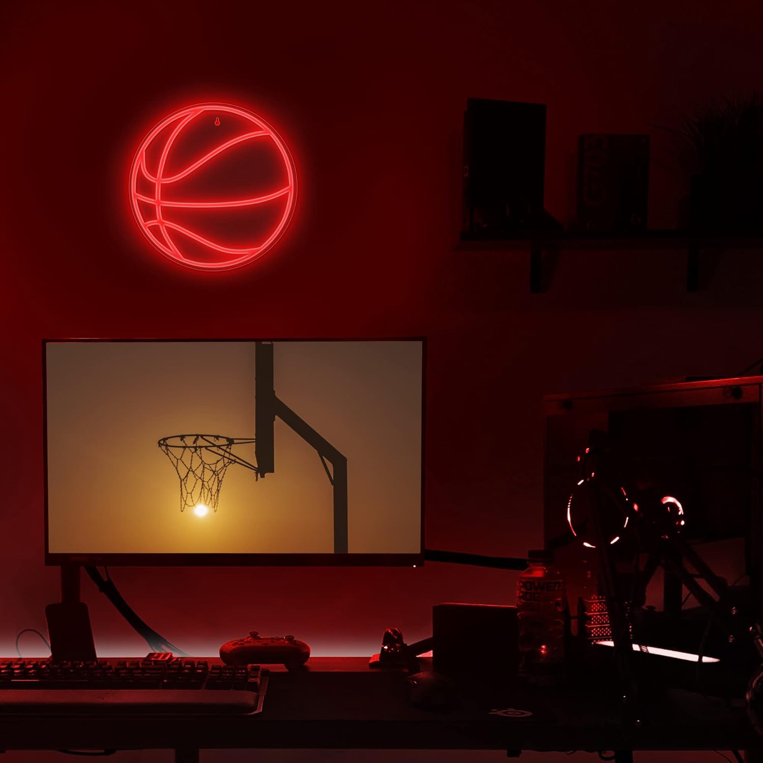 Lumoonosity Basketball Neon Sign - Basketball Lights for Bedroom, Game Room, Wall, Basketball Theme Room Decor - Cool Basketball Neon Light for Fans - Hanging Sports Led Signs with Red Color