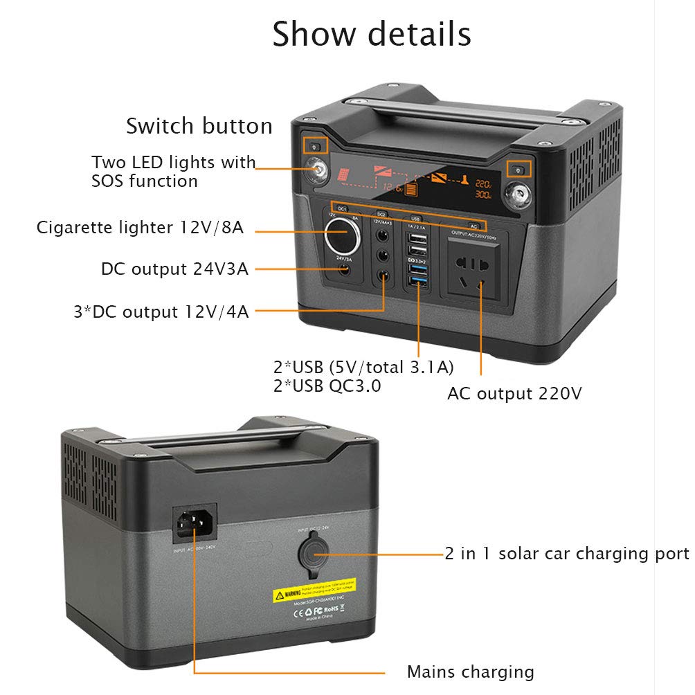 Generatore Portatile da Esterno, 300 Wh, Stazione di Alimentazione di Emergenza con Inverter CC/CA, Caricato Tramite Pannello Solare, Presa a Muro per Campeggio