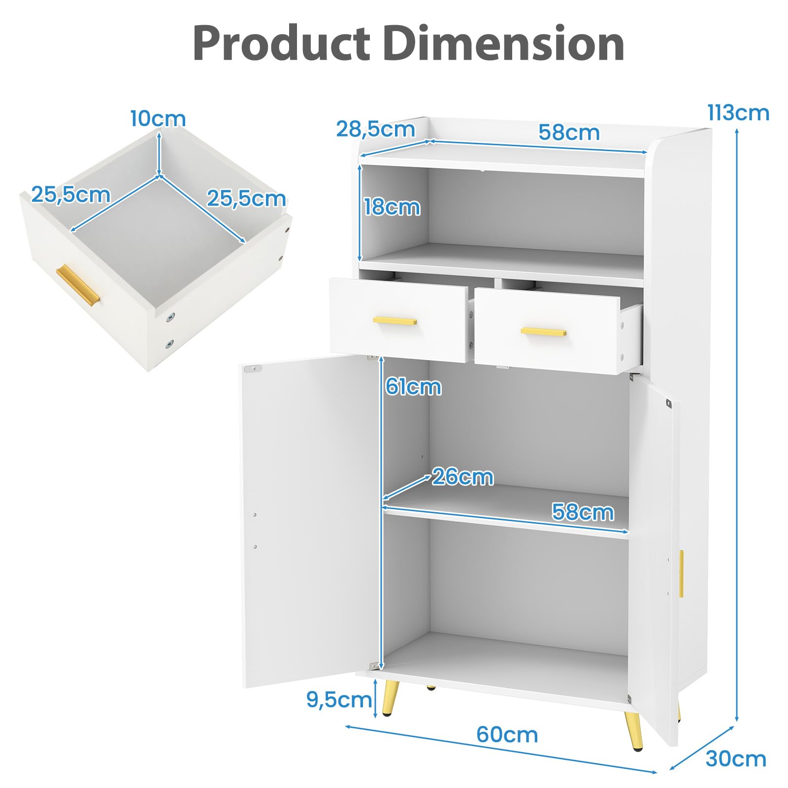 LIFEZEAL Credenza Cucina, Mobile Dispensa, Armadio, Madia, con 2 Ante, Cassetti, Ripiano Regolabile, Scomparto Aperto, Moderno, Salvaspazio, Soggiorno, Sala, Ingresso, in Legno, 60x30x113cm, Bianco