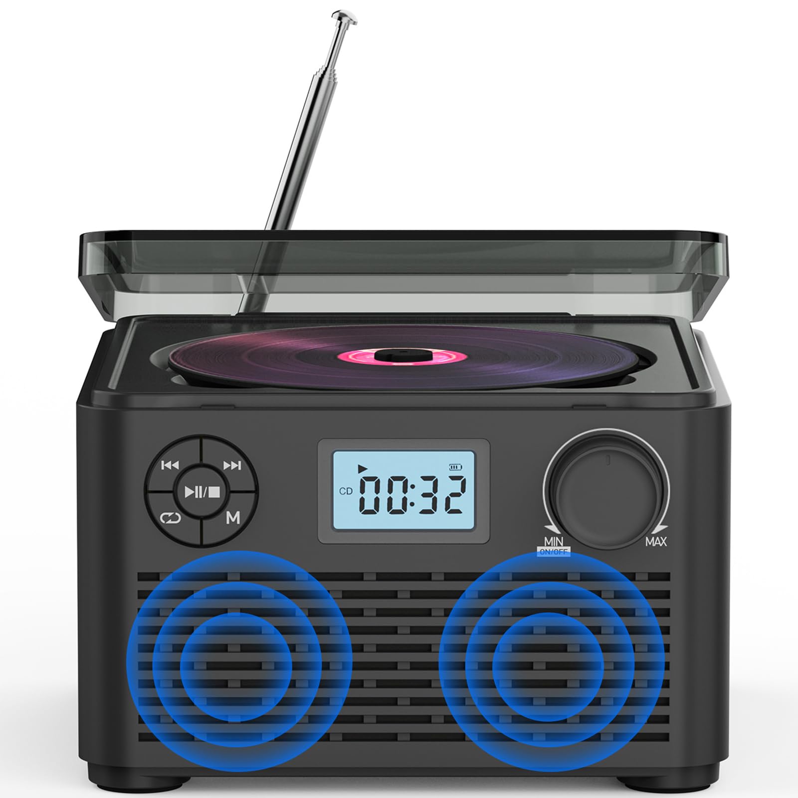 Reproductor de CD con radio FM, conectividad Bluetooth, soporte USB/TF, sonido estéreo, canal 2.0, diseño portátil, batería de 4000 mAh