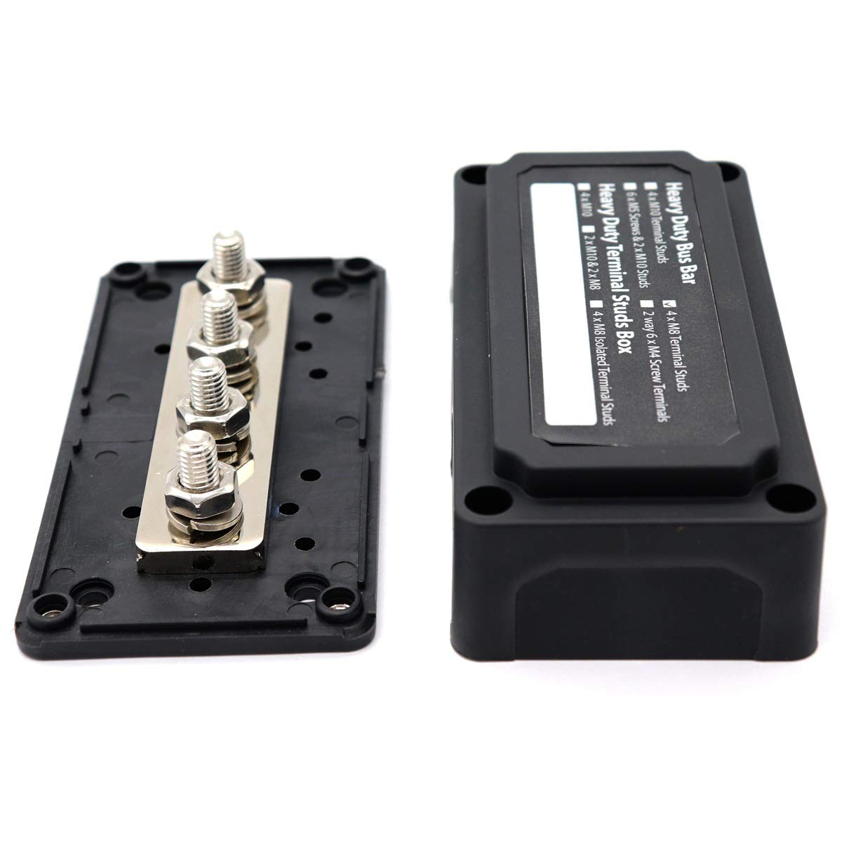 Black 300 A Bus Bar Box Heavy-Duty, moduł, blok rozdzielczy zasilania z 4 x zaciskiem śrubowym M8, blok przyłączeniowy akumulatora 12 V - 48 V DC, do samochodów morskich, solarnych