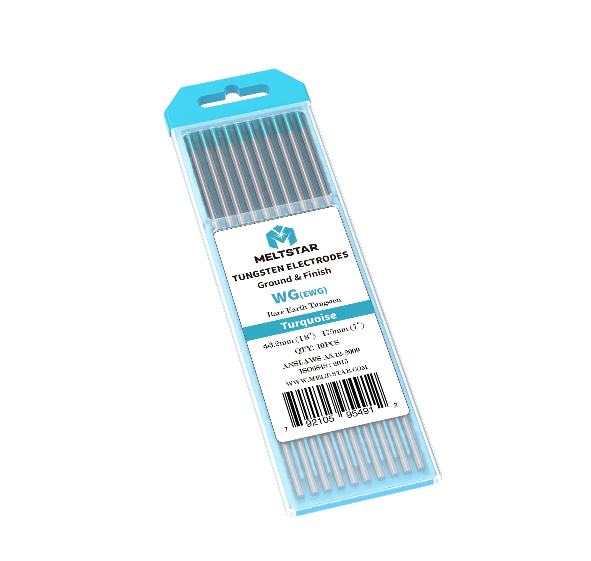TIG Welding Tungsten ElectrodesRare Earth blend Tungsten Electrodes(Comparable to E3 Purple) 1/8” x 7” (Turquoise, WG20) 10-Pack