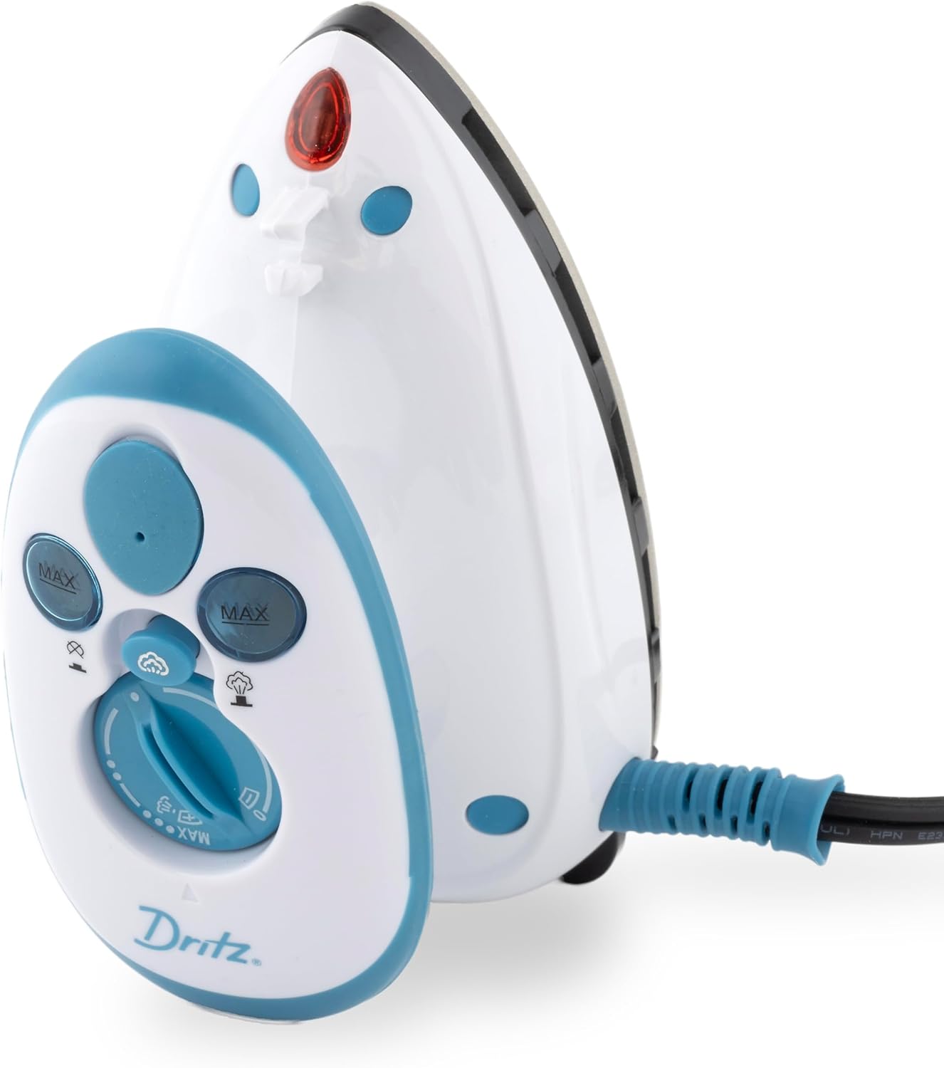 Side view of the Dritz Mighty Travel Steam Iron, highlighting the ergonomic handle and steam vents on the soleplate.