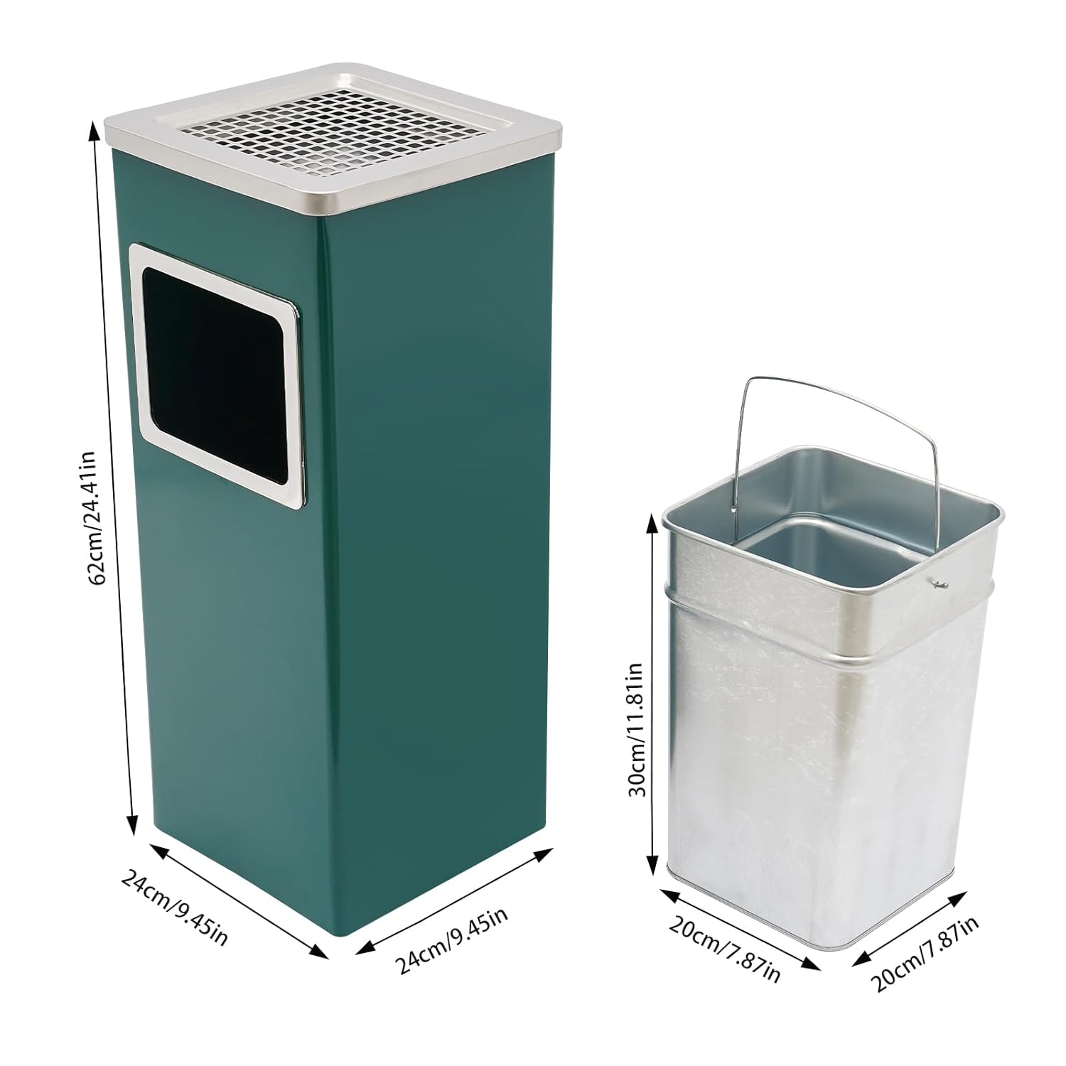 9x9x24in Trash Bin, 3 Gal Outdoor Waste Container, Square Stainless Steel Trash Can with Removable Inner Can, Industrial Garbage Enclosure Inside Cabinet with Ashtray (Green)