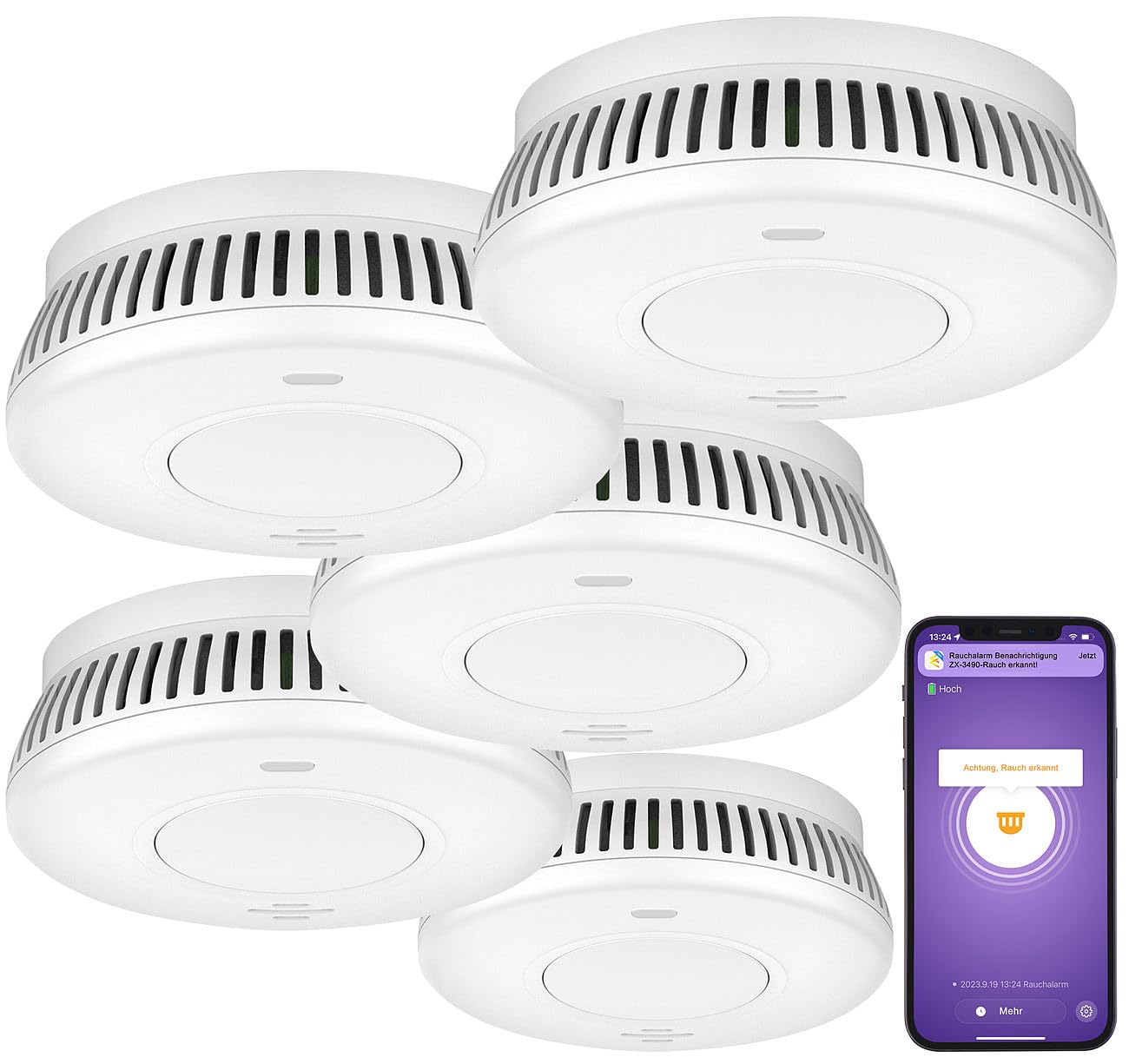 VisorTech rilevatore fumo tuya: set da 5 Rilevatore di fumo WLAN, batteria integrata di 10 anni, 85 dB (set, allarmi antincendio, radio)
