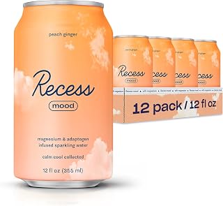 Recess Mood Magnesium & Adaptogen Drink, Relaxation Beverage, 12 ounce (Peach Ginger, 12 pack)