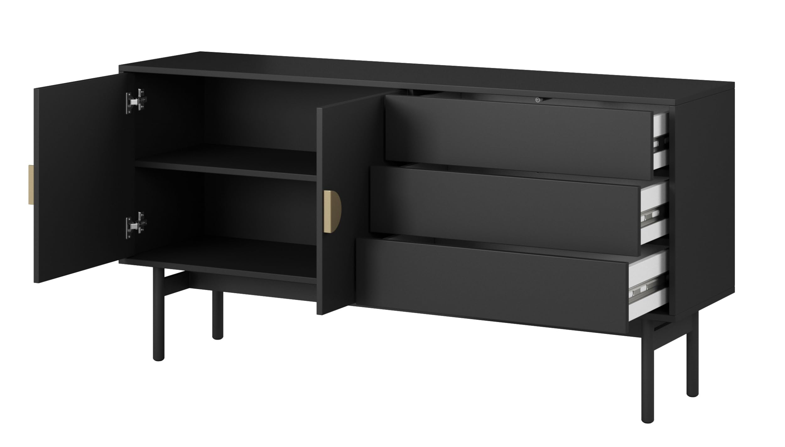 Meuble TV Stoon 154 Cm De Large Avec Tiroir - Blanc, Design Moderne, Pieds En Acier Noir - 2