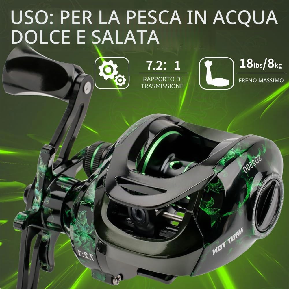 Mulinello da pesca Baitcasting,Sistema frenante magnetico per la pesca in acqua salata e acqua dolce, Mulinelli Baitcaster con cuscinetti a sfera in acciaio inox 18+1BB, disponibile in 7.1: 1