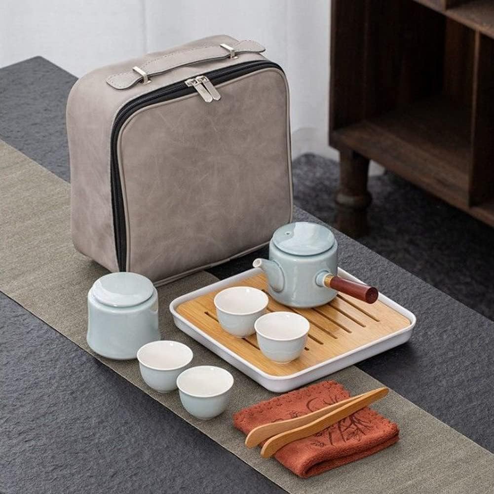 DUEBEL Chinese Tea Pot Cup Set with Tray - Travel Ceramic Tea set Porcelain Teapot, Portable All in One Gift Bag for Outdoor Picnic Business Hotel (Green)