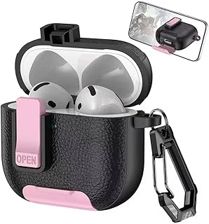 Eco AirPods 4 Case with Phone Stand, Secure Lock Design Silicone Protection, AirPods 4 (2024) Case with Leather Texture for Airpod 4 (Black Pink)