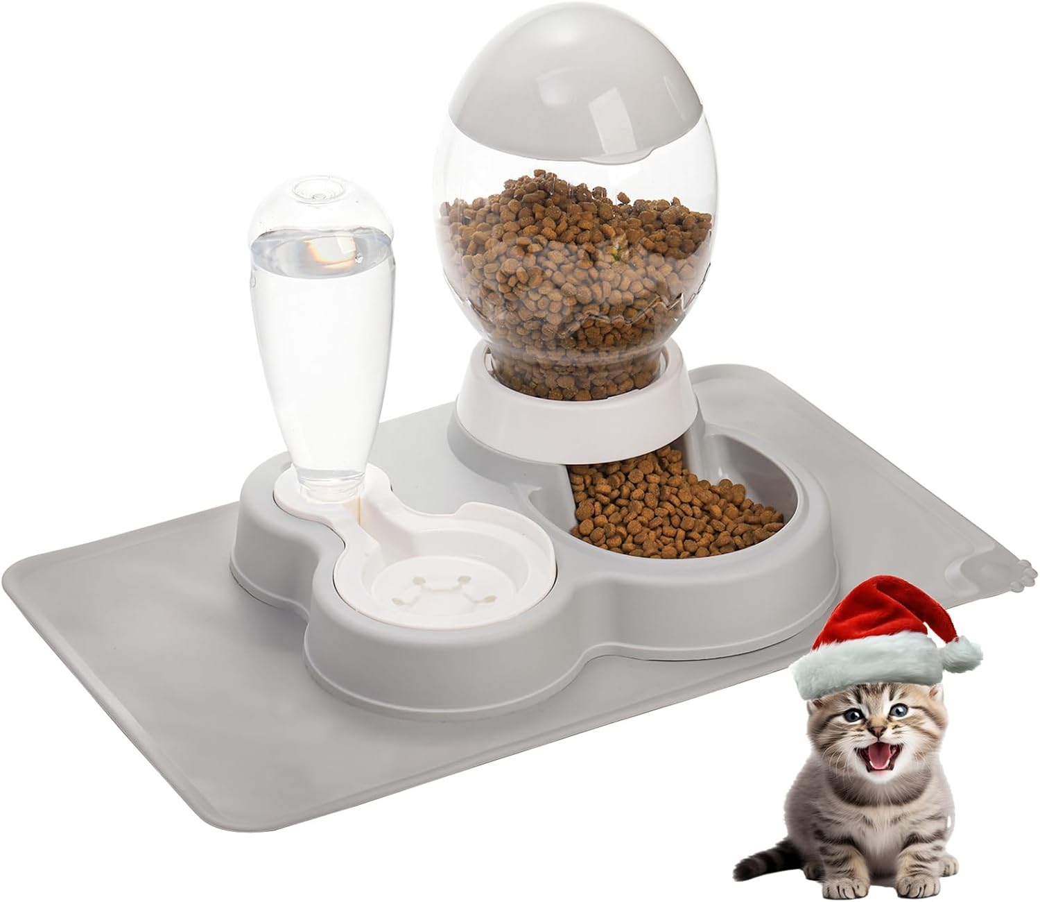 YOUEON Automatic Cat Feeder and Water Dispenser Set, 2 in 1 Gravity Pet Feeder and Waterer with Pet Food Mat, Cat Food and Water Bowl Set for Cats and Small Dogs Puppy, Grey