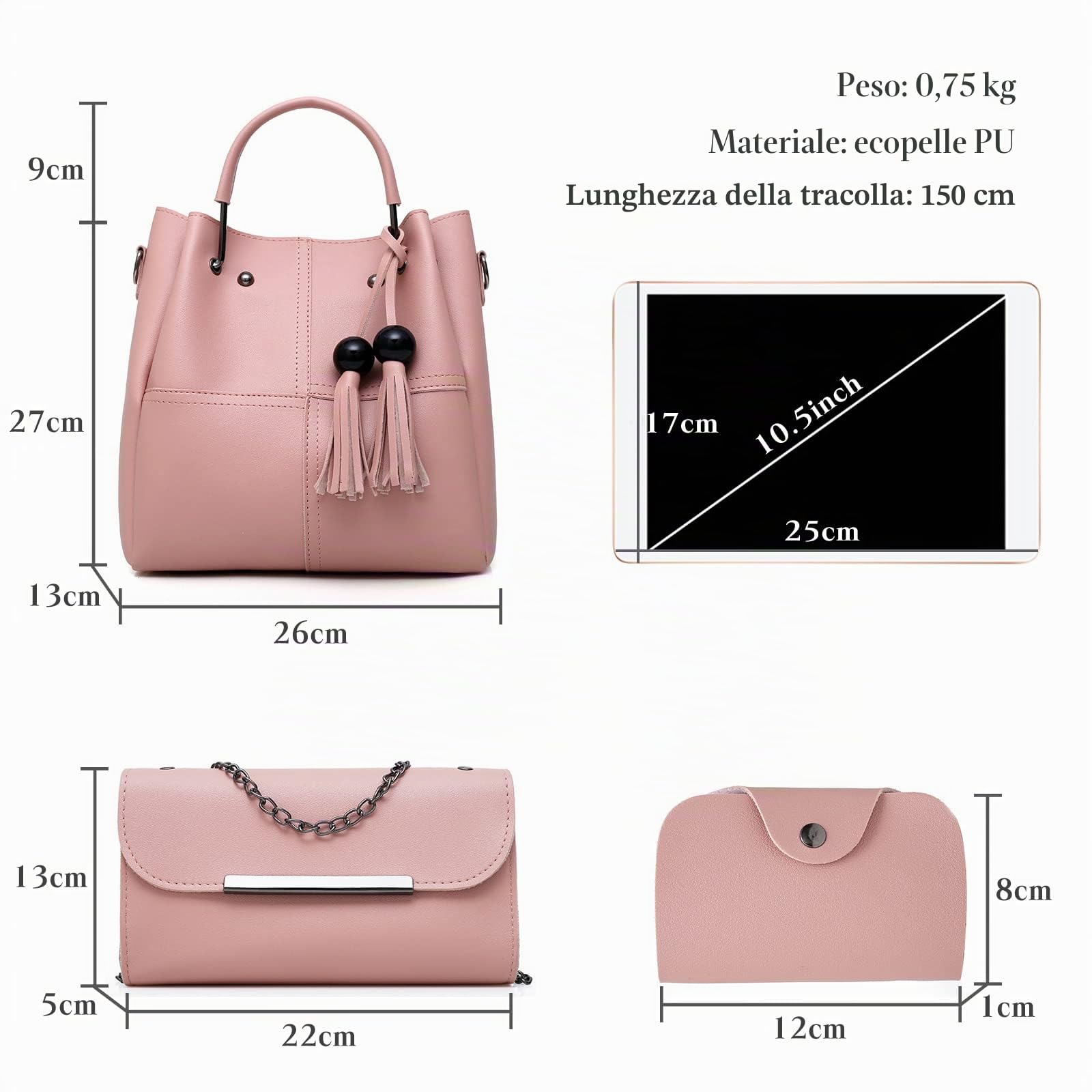 FANDARE Moda Borsa a Secchiello 3 Pezzi Set Borse a mano da donna Impermeabile Borse Tote da donna Borsa a mano con Frange PU Pelle Borsa a Tracolla con Catena per Shopping Viaggio Lavoro Bianco