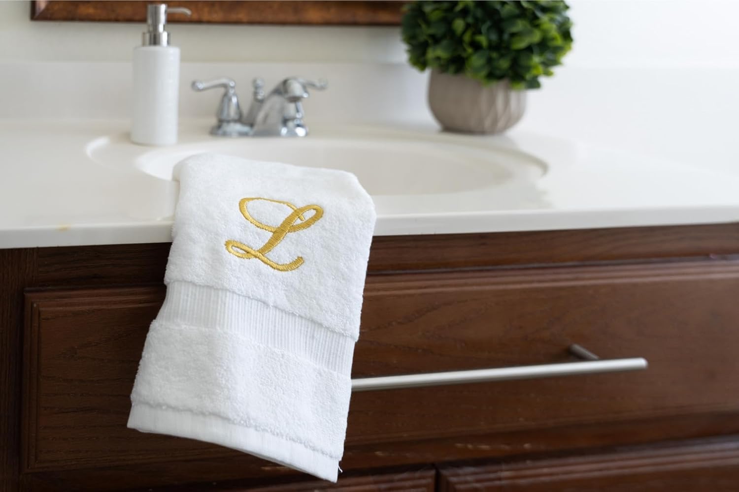 White Monogrammed Hand Towels for Bathroom - Luxury Hotel Quality Personalized Initial Embroidered Towel for Powder Room, Spa - GOTS Organic Certified - Set of 2 Gold Letter L