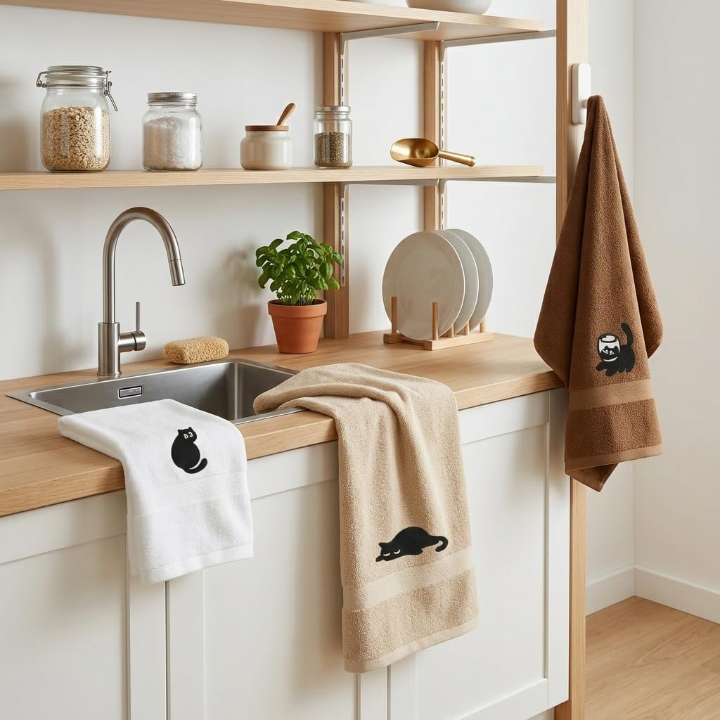 3Pcs 100% Cotton Embroidered Decorative Hand Towels, Black Cat Soft Absorbent Towels for Bathroom & Kitchen, Cute Cat Bathroom Decor Towels, Cats Gifts for Women, 15.75 x 31.5 Inches