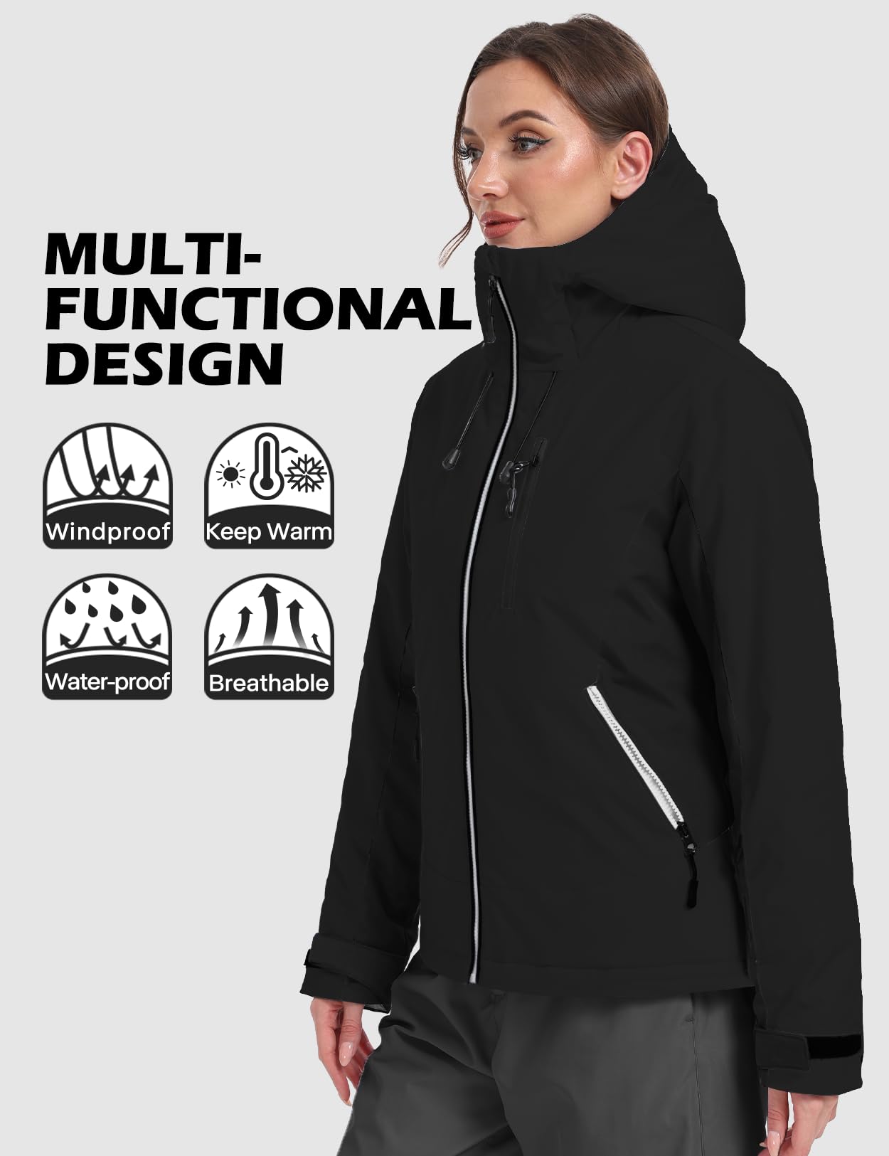 GEMYSE Veste de Ski Femme Imperméable Coupe-Vent Manteau Chaud Capuche Réglable Multi-Poches Randonnée Neige