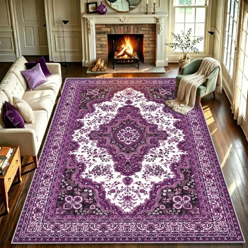 Image of WUTONG Washable Living Room Rugs 160x230 cm Purple Area Rug Vintage Lilac Medallion Large Bedroom Carpet,Soft Faux Cashmere Short Pile Distressed for Full Sitting Room