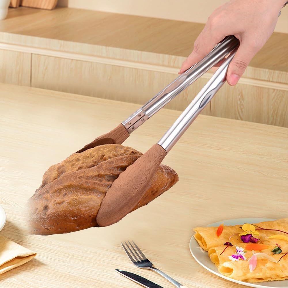 Pinzas de madera para cocinar, pinzas de ensalada de madera antideslizantes de acero inoxidable con mango largo con agujero para colgar, pinzas de cocina para barbacoa, parrilla, servir alimentos,