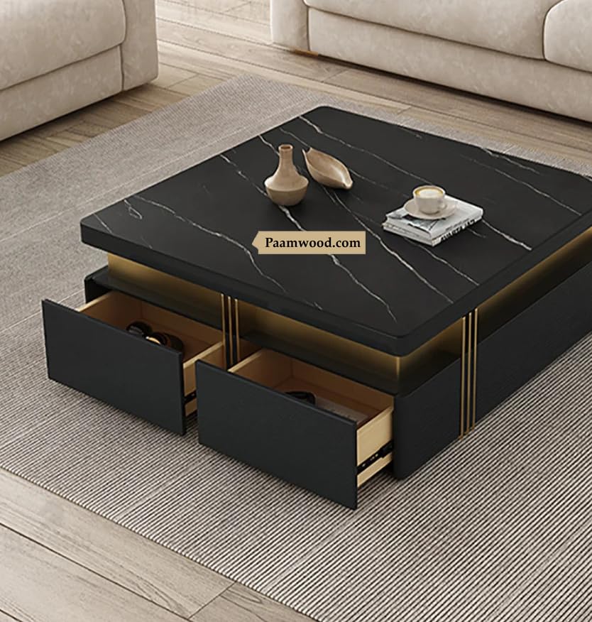 Image of Premium Marble-Top Wooden Center Table with Drawer for Living Room | Luxury Modern Coffee Table | Contemporary Design Craftsmanship - 36X36X17 Inch (Black)