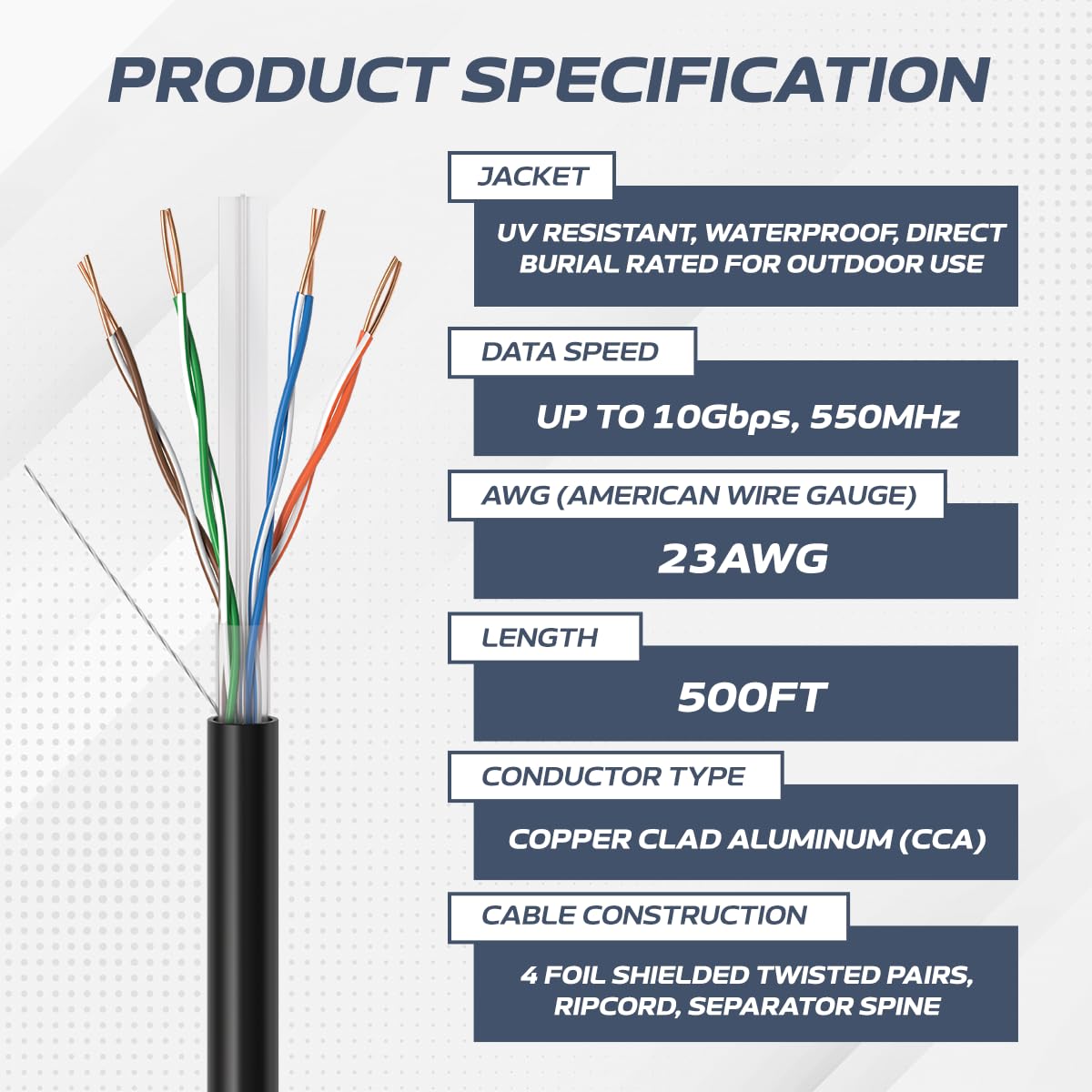 Cables Direct Online CAT6 500ft Outdoor 23 AWG 550MHz Cavo Ethernet UTP Filo di Alluminio Rivestito di Rame Solido Sepoltura Diretta UV