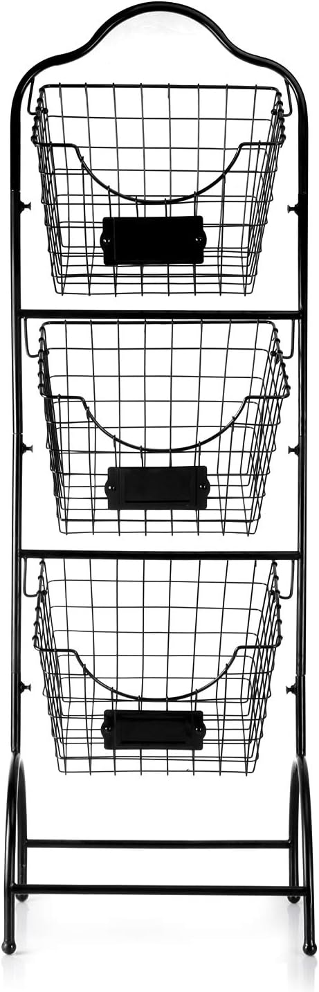 3-Tier Market Basket Stand, Kitchen Fruit Storage Basket for Kitchen, Bathroom Towel Basket Display Rack, Black