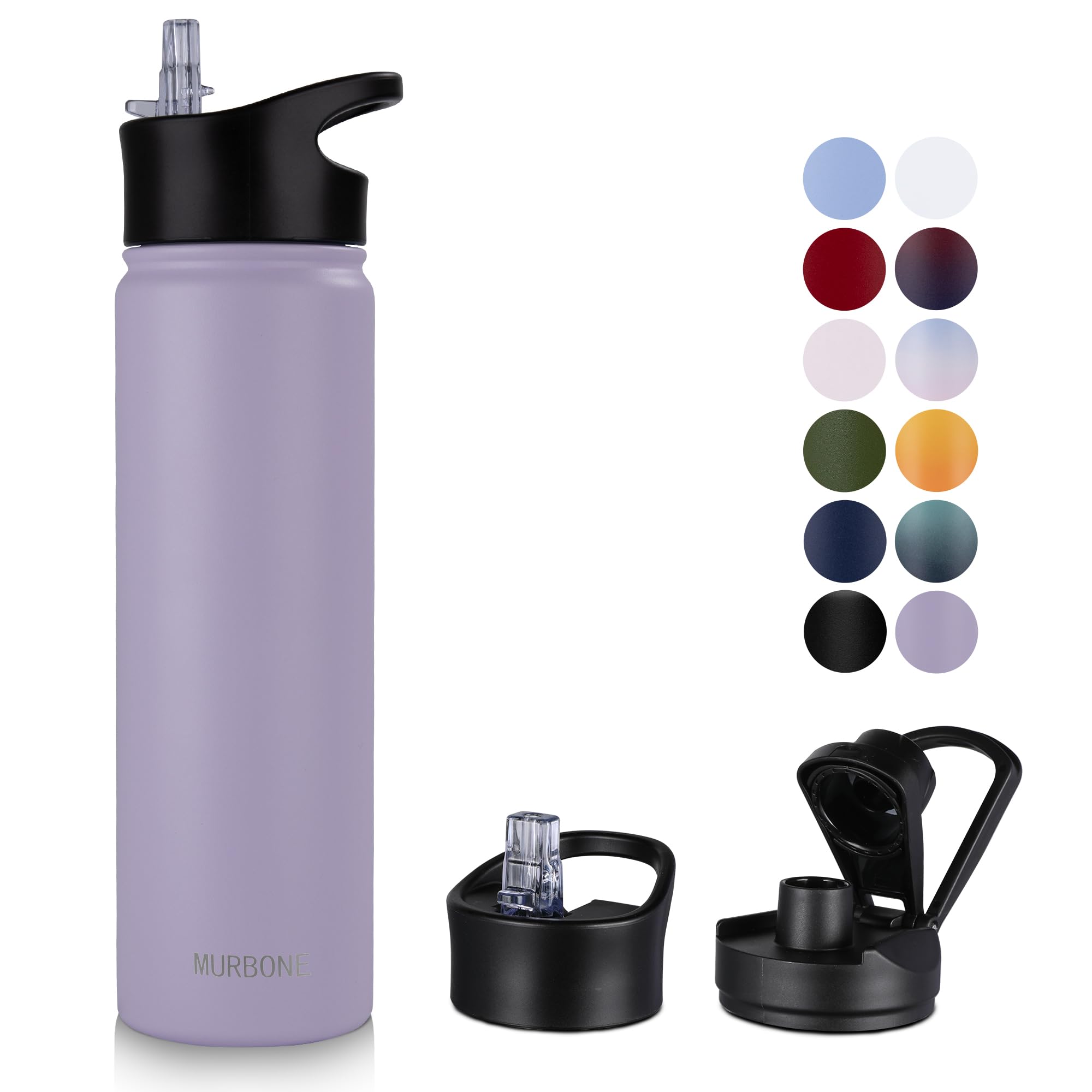 MURBONE Stainless Steel Drinking Bottle, 750 ml (+2 Lids) - with Straw, BPA-Free, Leak-Proof Thermos Flask, Suitable for Carbonated Drinks, Vacuum Double-Wall Insulated Thermos Flask for Sports