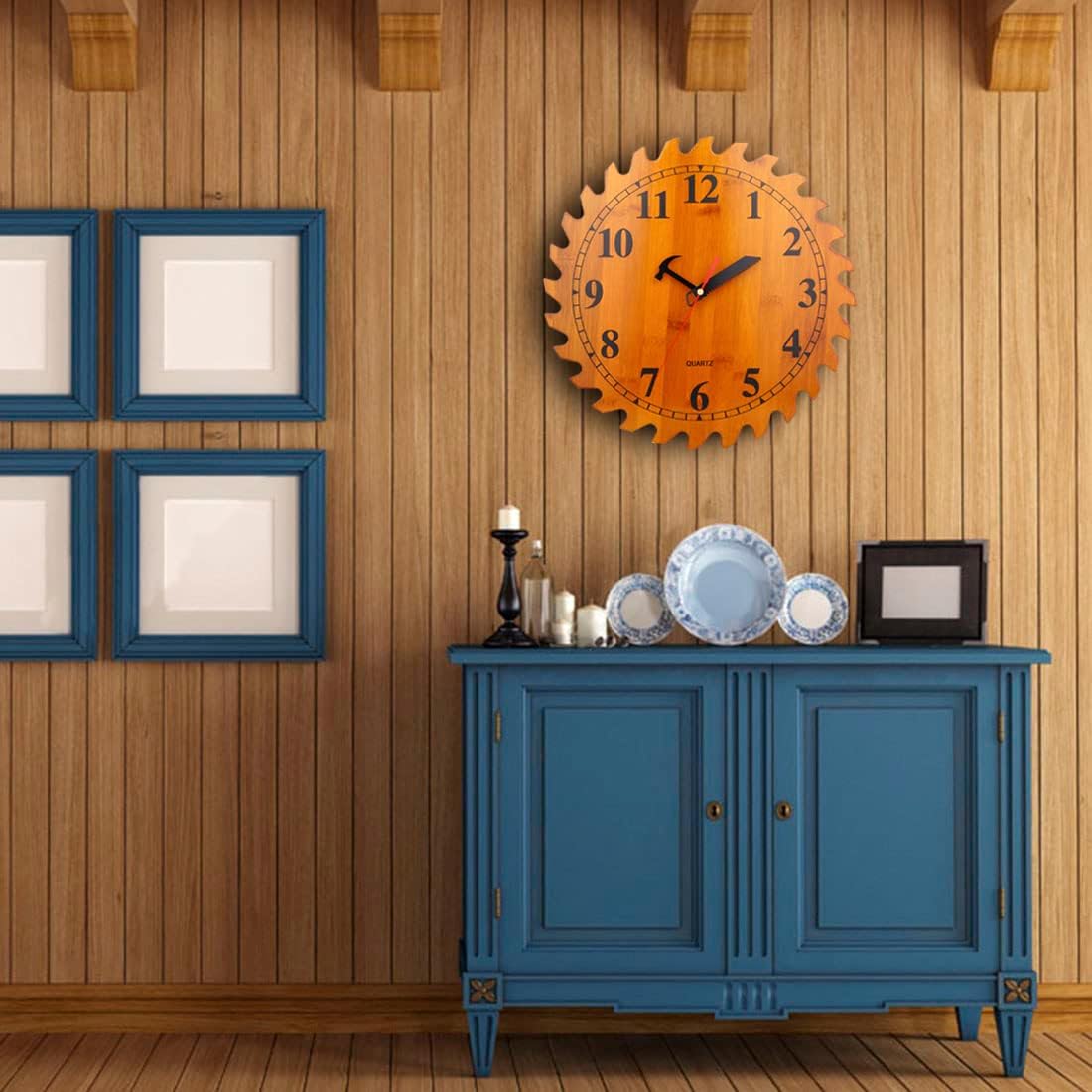 12 Inch Wood Wall Clock with Circular Saw Blade Dial, Handsaw and Hammer Pointer,Great Decor for Farmhouse,Garages and Man Cave