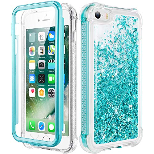Caka iPhone 5 Case, iPhone 5S Case, iPhone SE (2016) Glitter Full Body Case with Screen Protector Bling Sparkle Floating Liquid Girls Girly Women Cute Protective Case for iPhone 5 5S SE (Teal)