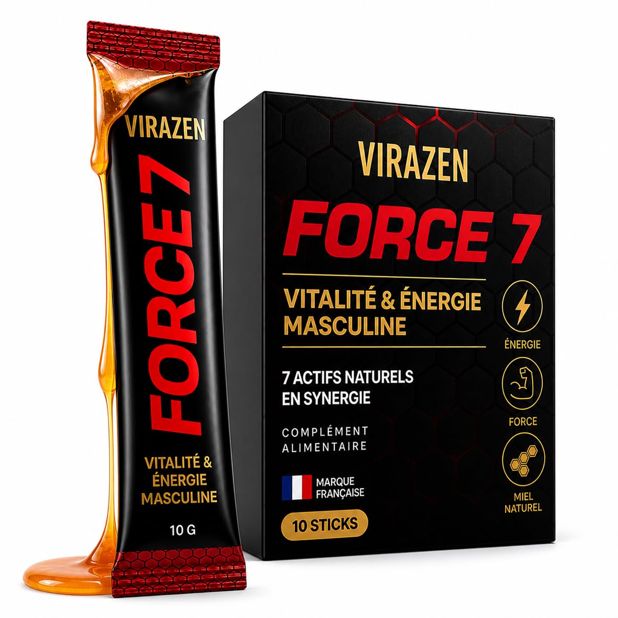 Miel Énergie Homme en Sticks – Effet Immédiat – Vitalité & Performance Masculine – Maca, Ginseng, Tribulus & Zinc – 10 Sticks – VIRAZEN FORCE 7