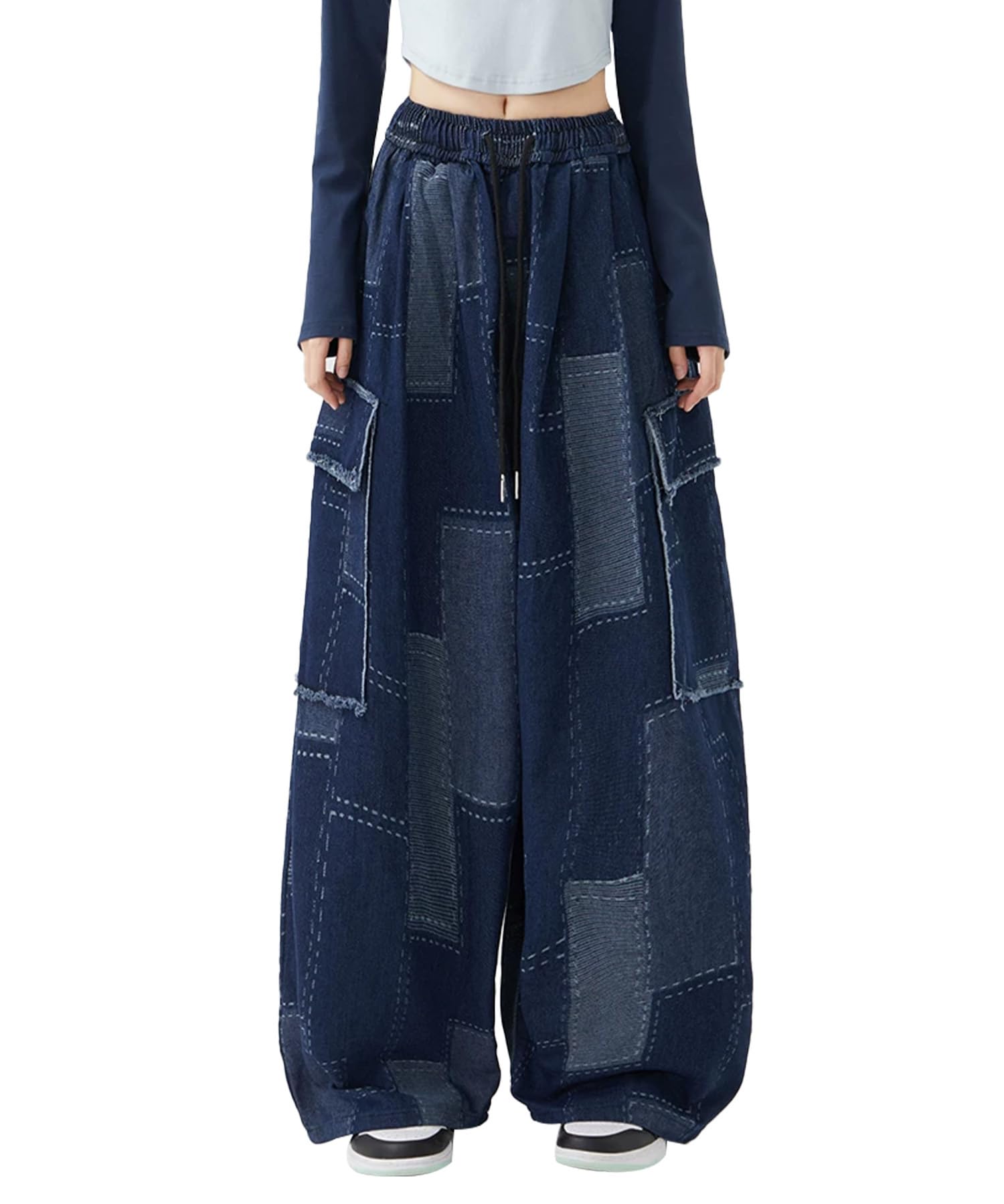 Bakyarder Patchwork Cargo Pants for Women Wide Leg High Waisted Elastic Waist Unisex Y2k Plaid Checkered Pants