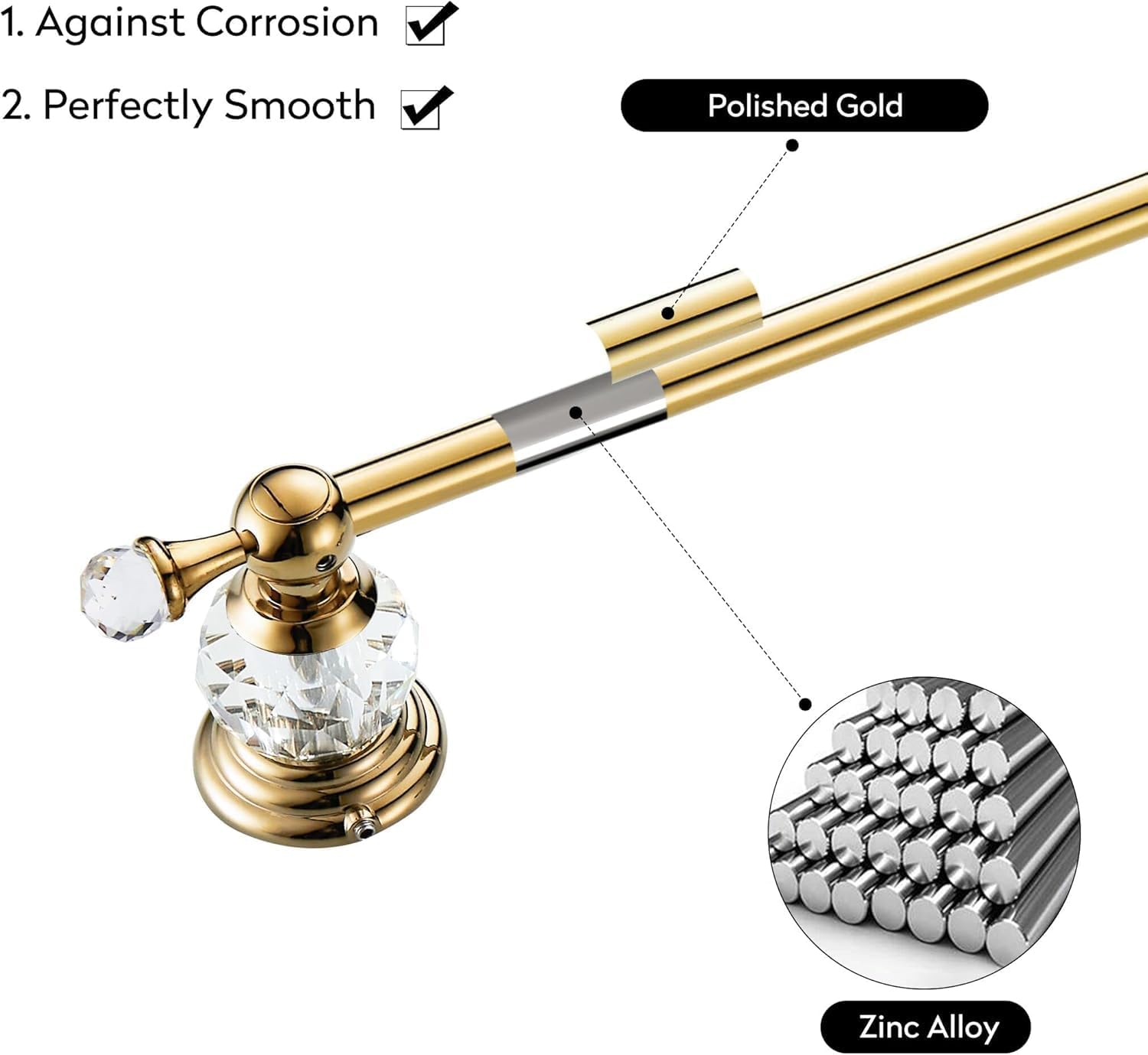 Crystal Gold Towel Bar, Gold Adjustable Bathroom Towel Holder Bar, Golden Single Towel Rack Hanger Home Towel Holder Rod for Bathroom Wall Mounted Bathroom Accessory