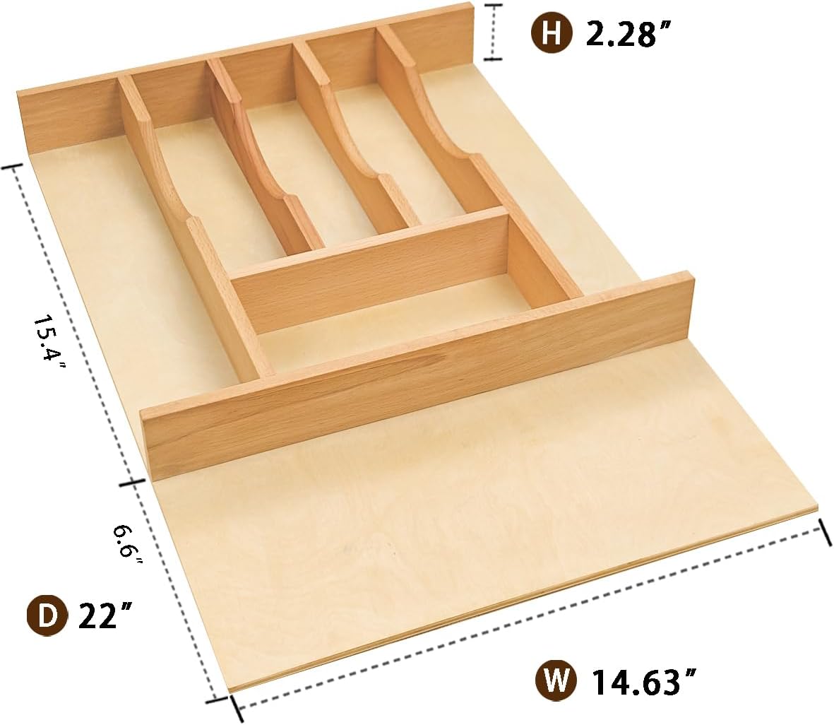 Silverware Drawer Organizer - Trim-to-Fit with Adjustable Dividers for Kitchen Utensil Storage, Beech Wood Frame with 11 Sizes (14.63" W x 22" D)