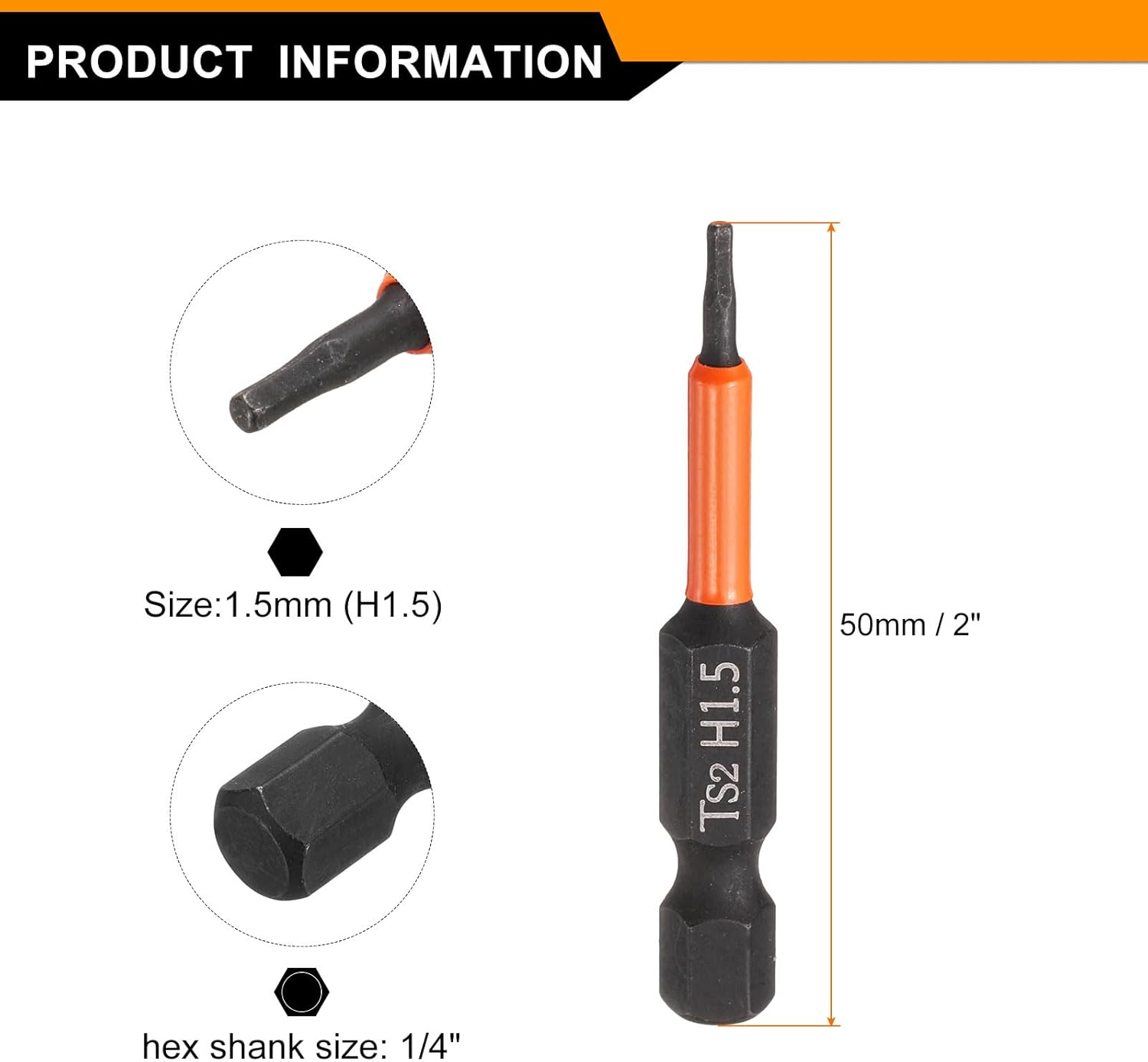 HARFINGTON 5pcs Hex Head Wrench Drill Bit 1.5mm(H1.5) Metric 1/4" Hex Shank 2"(50mm) Length S2 Steel Magnetic Impact Drivers Screwdriver Bit Hexagon Electric Drill Bits