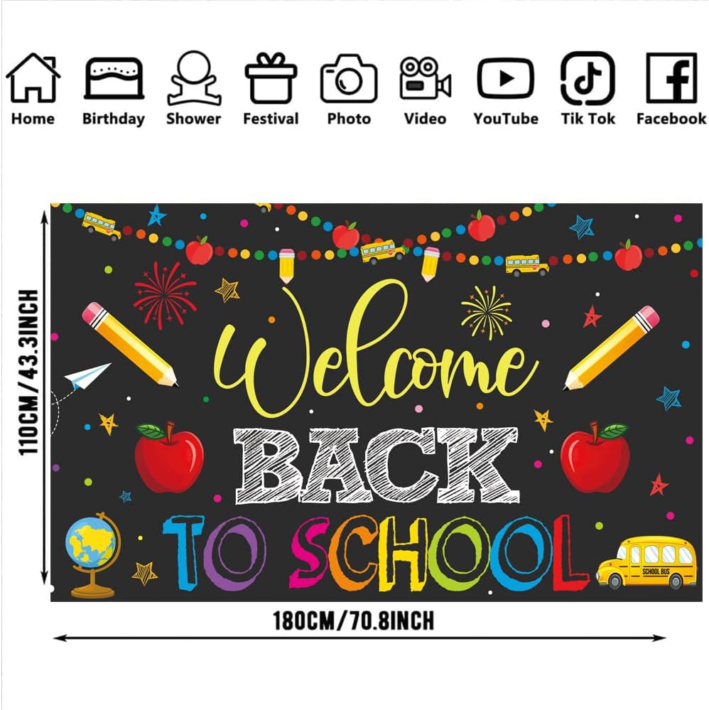 Welcome Back to School Banner Party Decorations Backdrop Black First Day of School Garland Pencil Apple Background for Classroom Teacher Office Home Decor Photo Backdrop Favors 5.9 x 3.6 ft