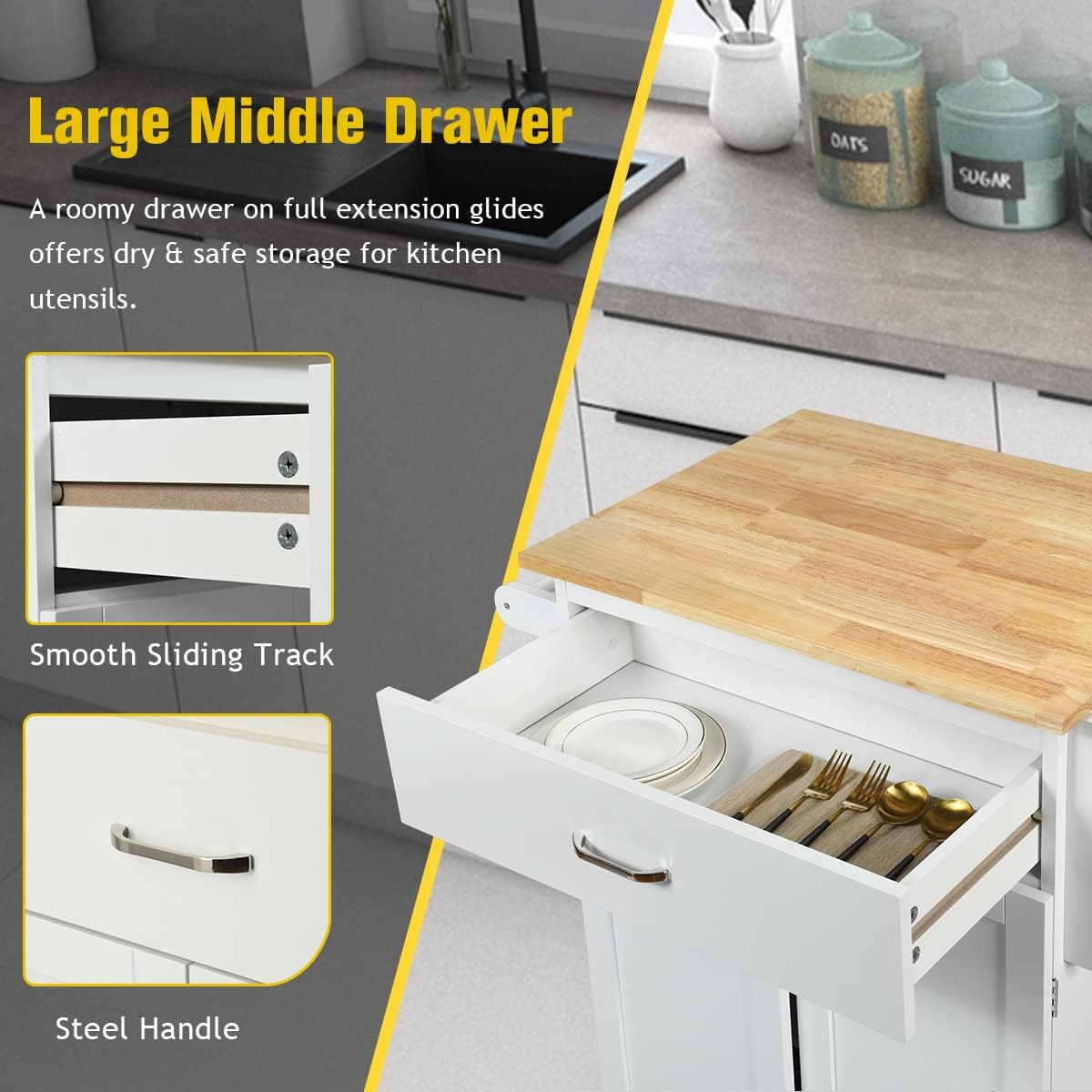 Kitchen Cart with Solid Top, Kitchen Trolley Cart with Drawer, Cabinet, Adjustable Shelf, Spice Rack, Towel Handle, Rolling Storage Island for Kitchen, Dining Room