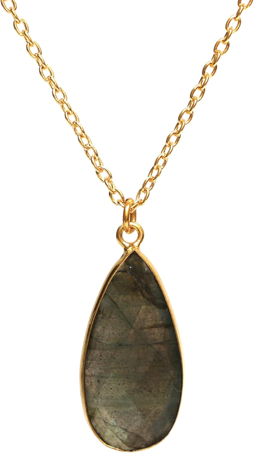 Gempires Natural Gemstone Teardrop Pendant Necklace for Women | 14K Gold Plated Chain Jewelry | Handmade Faceted Gemstone Drop Pendant | Hypoallergenic Birthstone Necklace | Dainty Everyday Gift for Her – Amazonite Moonstone Amethyst Labradorite Carnelian and More