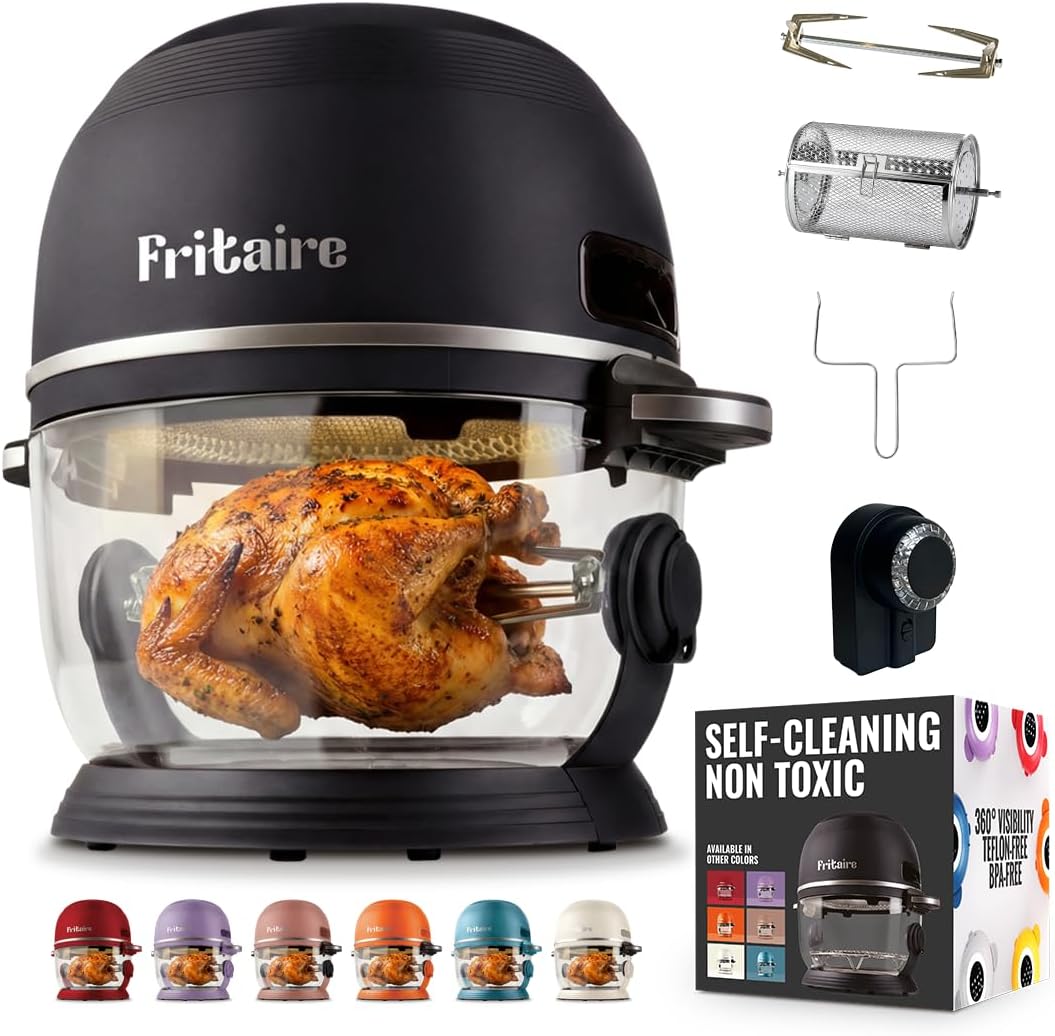 Non Toxic Air Fryer™ Pro | 9-in-1 Glass Air Fryer | Self-Cleaning | 5 Quart | Rotisserie and Tumbler | 400F Vortex For Even Cooking, BPA-Free Teflon Free, Recrisp, Roast, Bake, Black