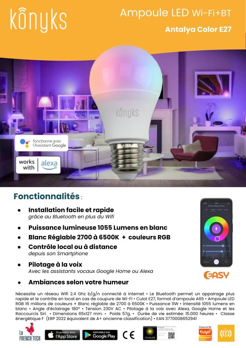 Konyks Antalya Color E27 - LED WiFI + BT, 1055 lumenów, 11 W, kolory + regulowany biały, kompatybilny z Alexa lub Google Home, łatwa automatyzacja