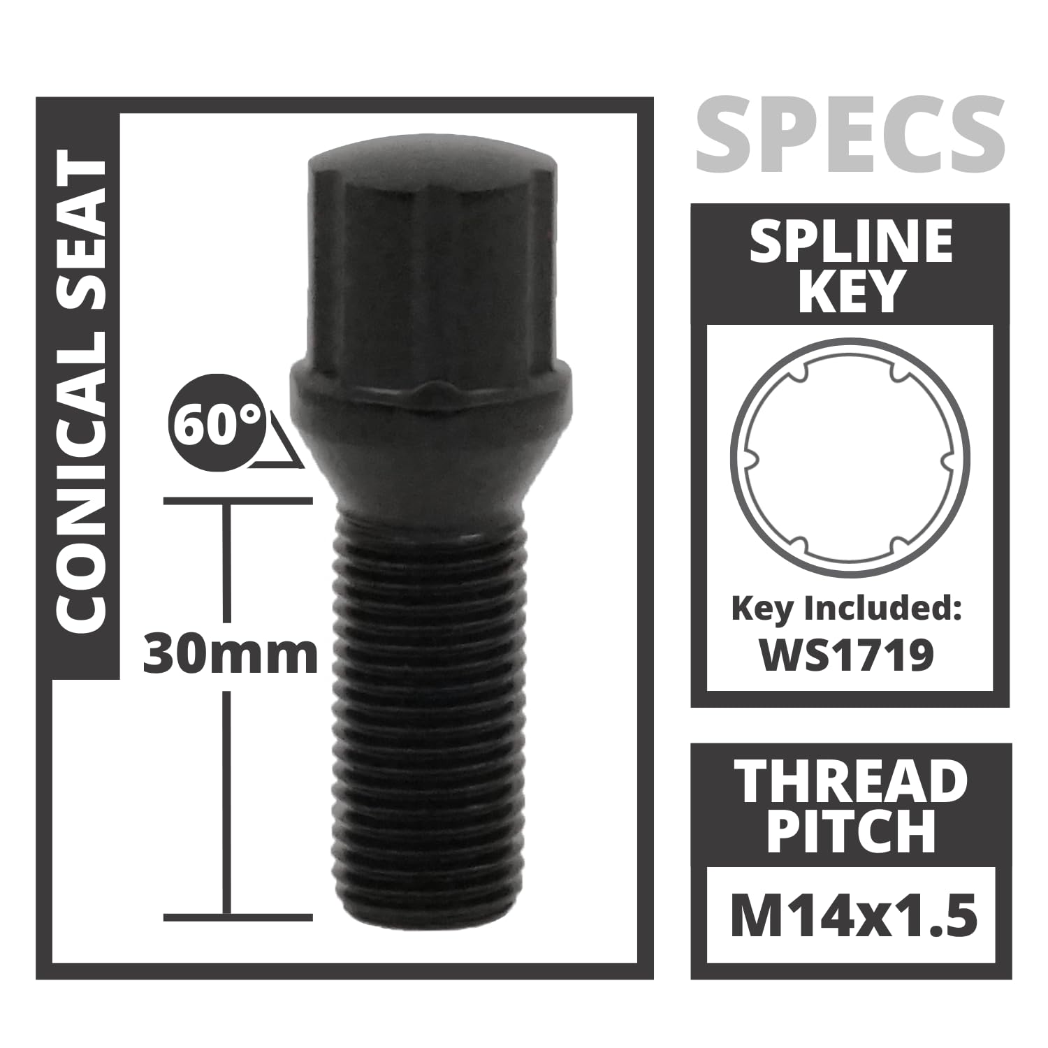 Black Conical Spline Bolt Kit - 14x1.5, 30mm Thread Length, 5 Lug Install Kit