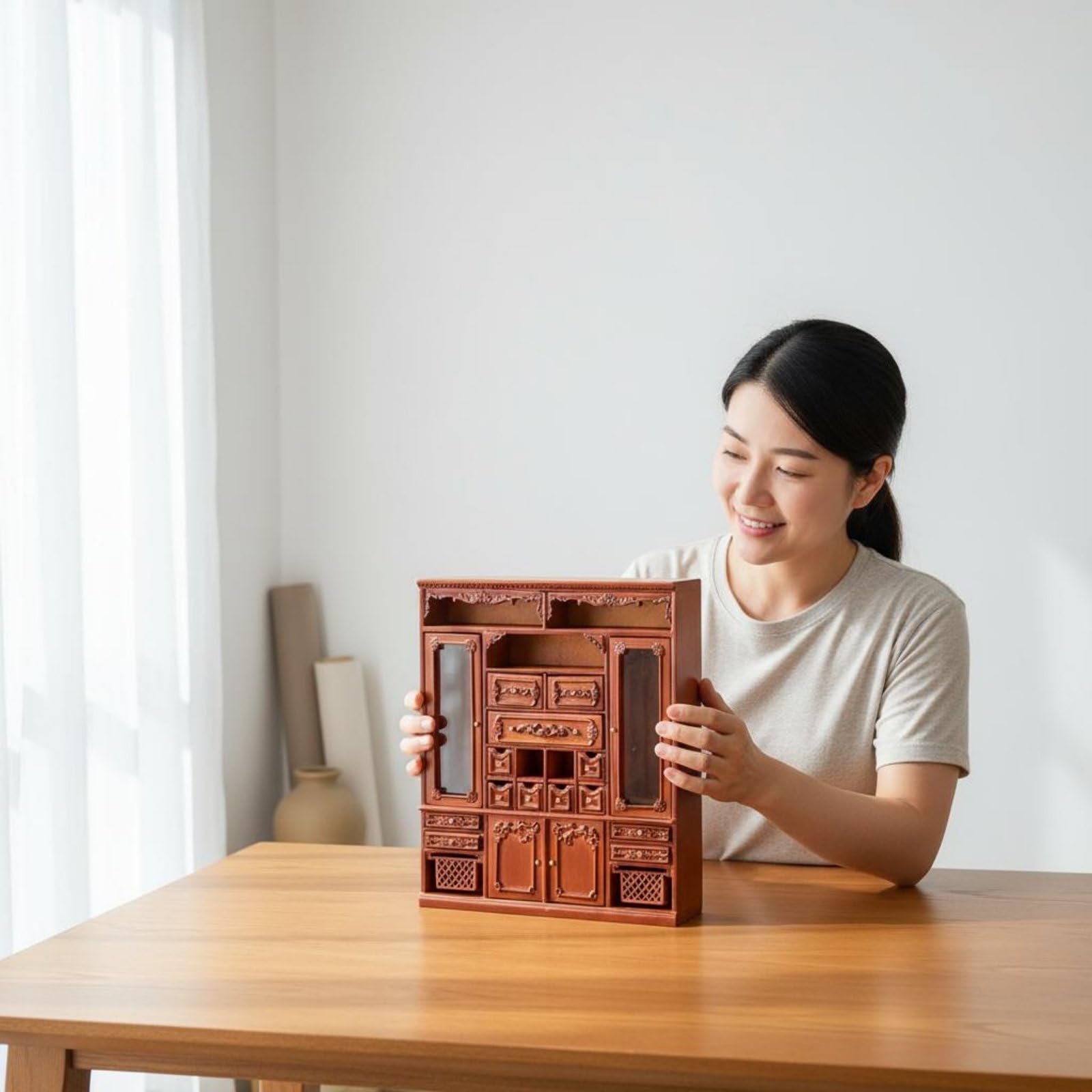 Mini Armadio Miniatura Armadietto Modello Casa Delle Bambole in Legno con Sportelli E Cassetti Funzionanti Artigianato Europeo Adatto per Collezionisti Diorami Esposizione Domestica 1 12