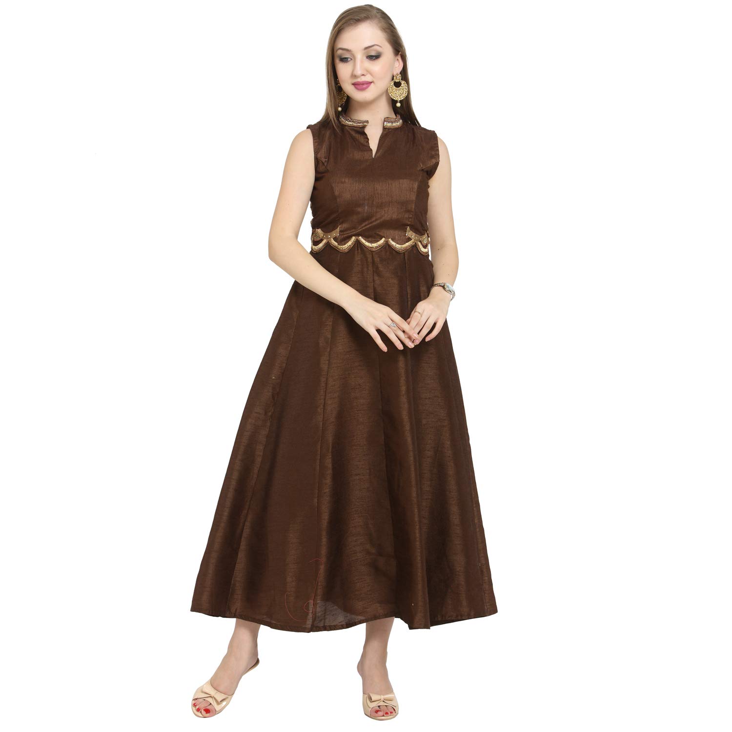 AD4U Fancy Stylish Kurti Silk and Chiffon Georgette Fabric with Handwork (L, Brown)