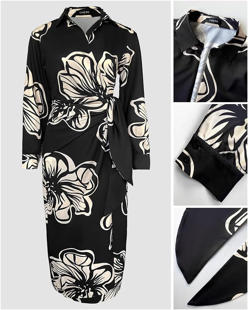 CHICME Women's Long Sleeve Midi Dress Casual Wrap Tied Detail Shirt Dresses Floral Print Fall Long Dress Black-XL - Image 3